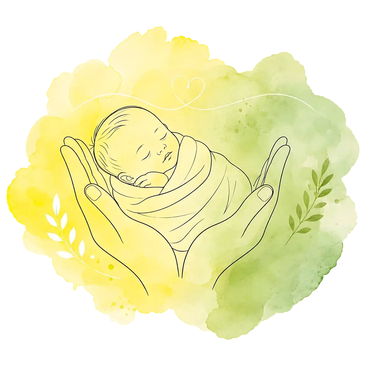 Watercolor illustration: two hands cradling a swaddled newborn, with a small heart and budding leaves