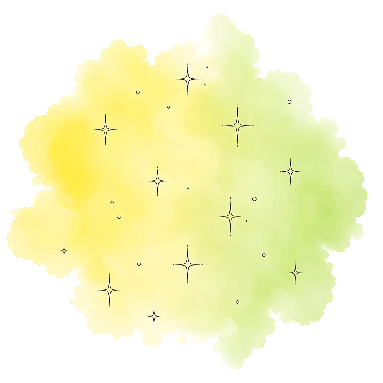 Watercolor illustration: a soft yellow-green watercolor wash with scattered four-point stars