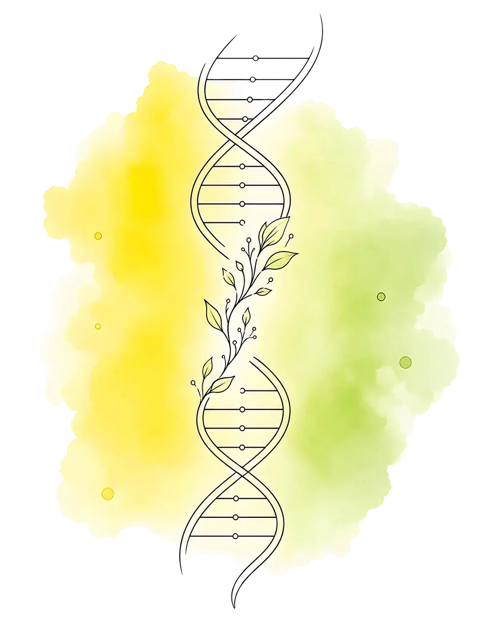 Watercolor illustration: a vertical DNA double-helix with a leafy vine winding through its middle